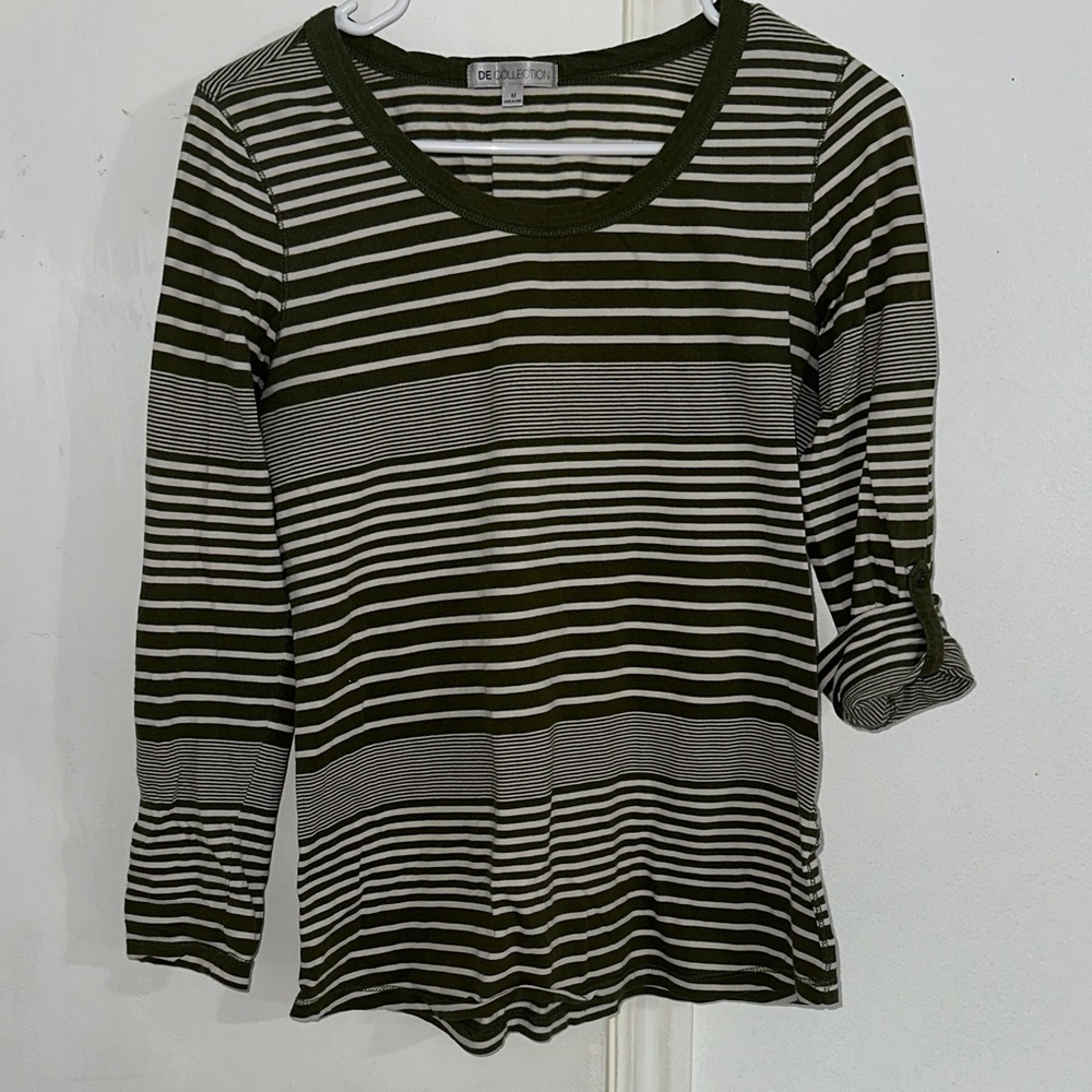 DE Collection Army green & Cream Striped Long Sleeve Scoop Top 3 Quarter sleeve